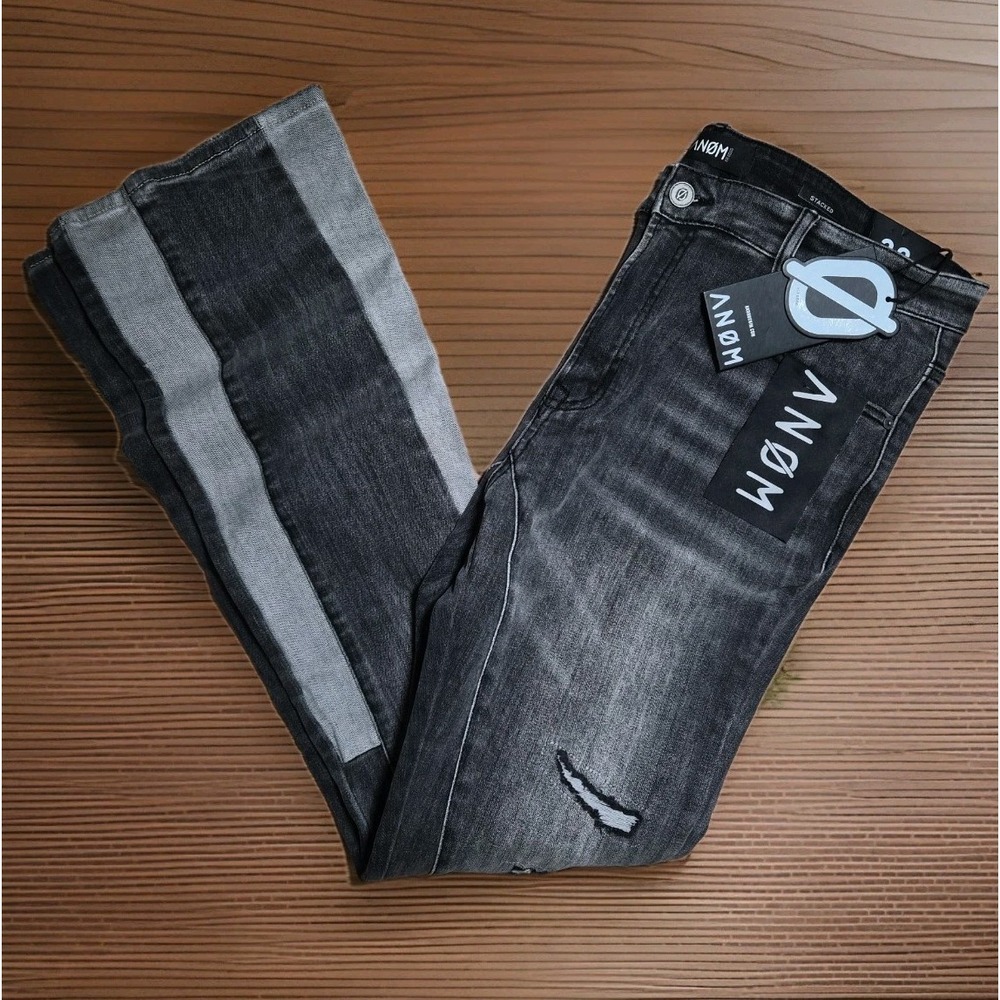 ANOM Stacked Jeans Men's Size‎ 38 Black Gray Distressed Moto Streetwear NWT
